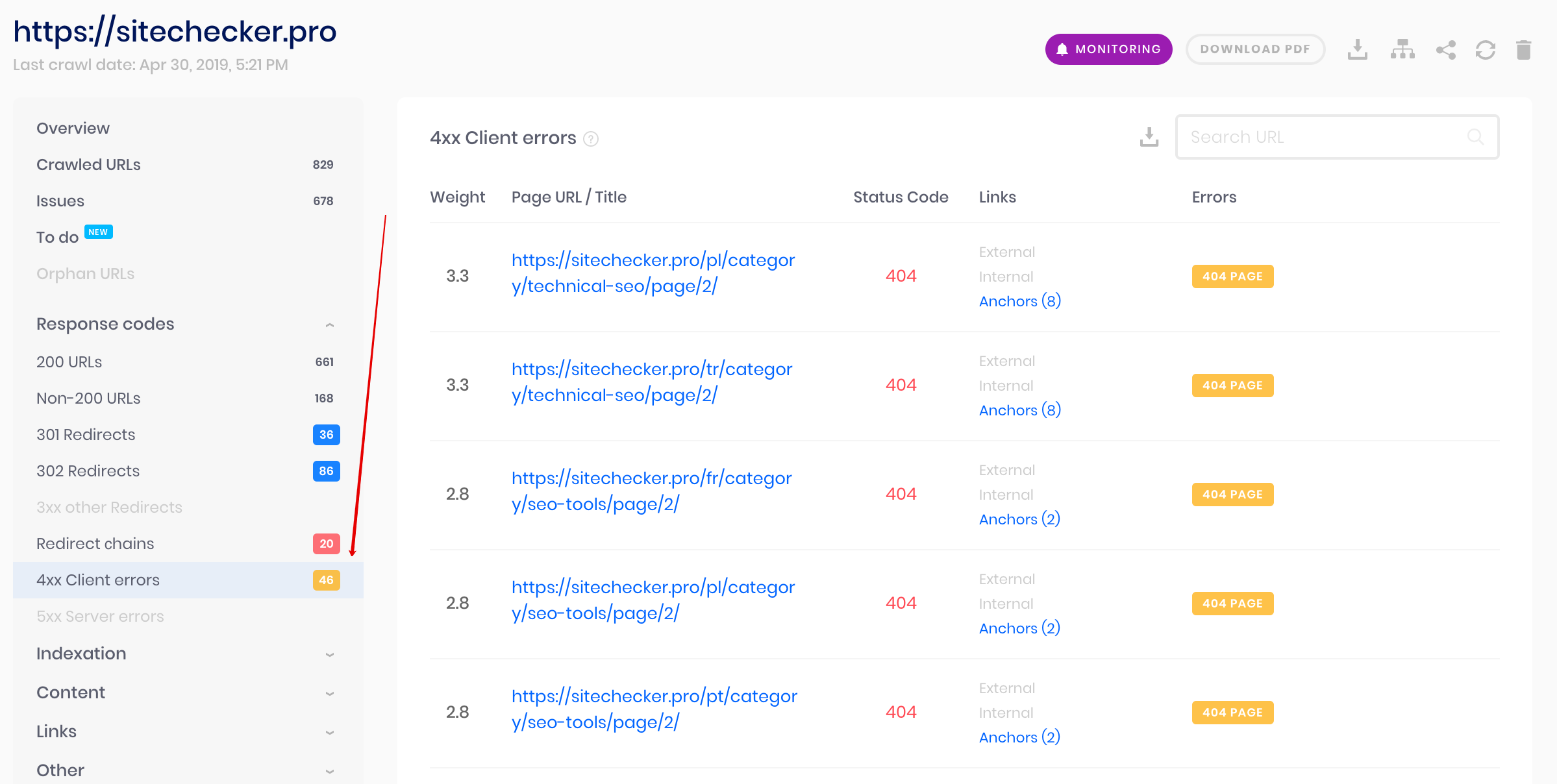 поиск 404 ошибок в Sitechecker