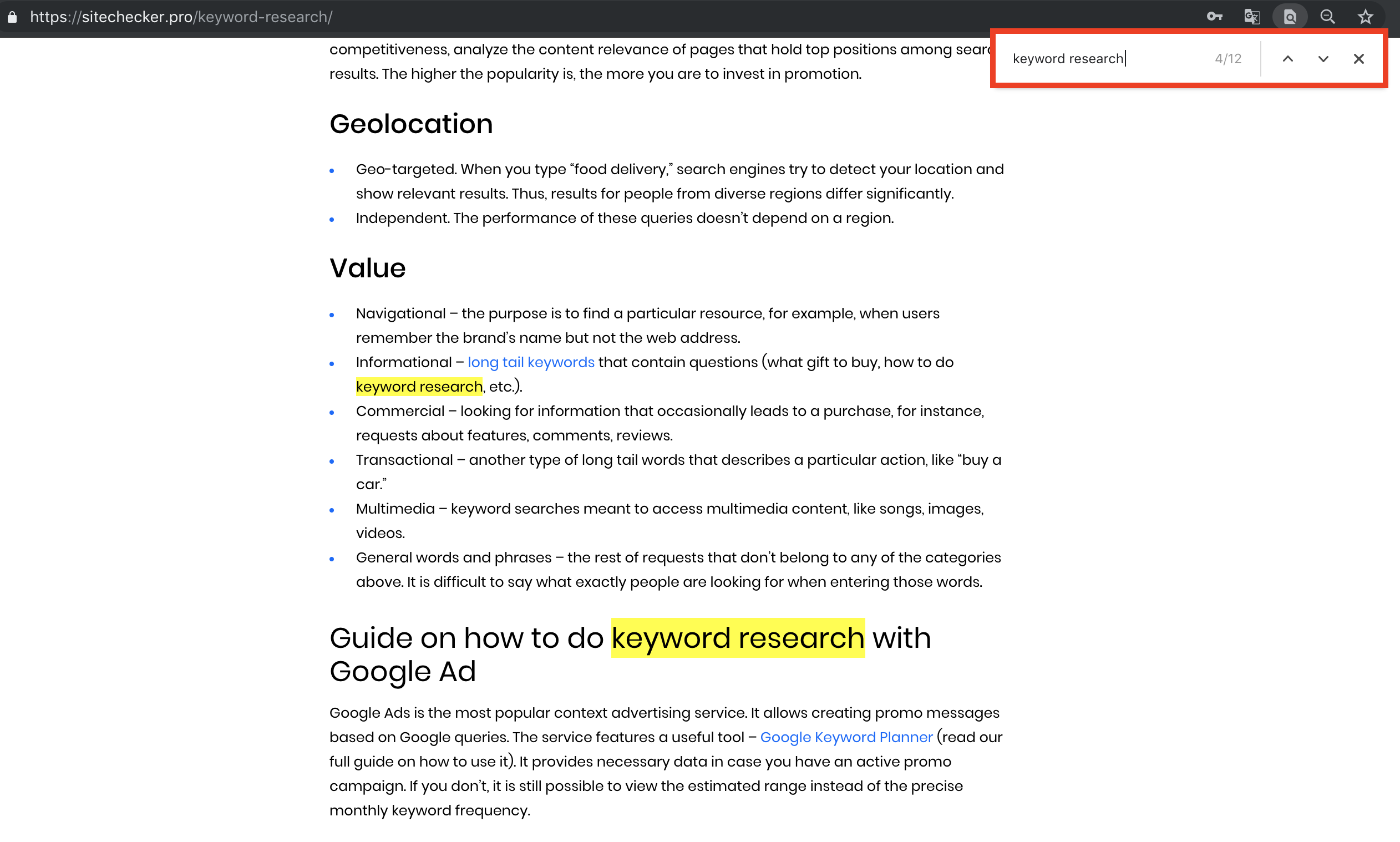 search for a keyword on a web page