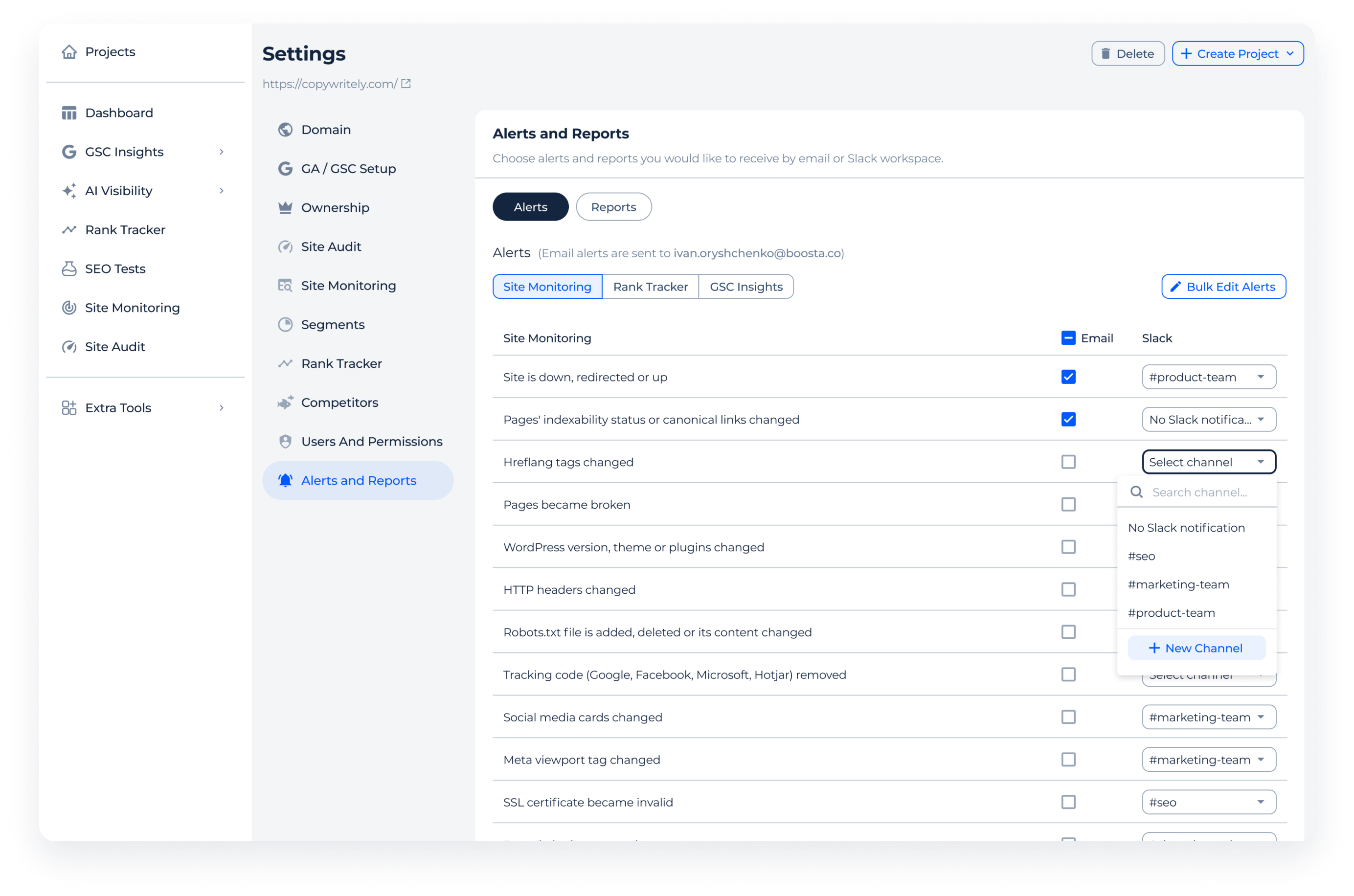 Instant alerts: downtime, 4xx, noindex, SSL, traffic drops